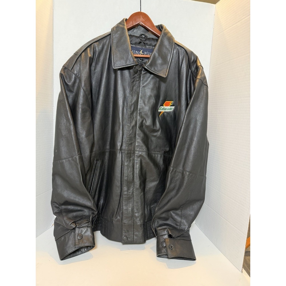 Vintage Luna Pier NASCAR Gatorade Genuine Leather Bomber Jacket Mens XL Black